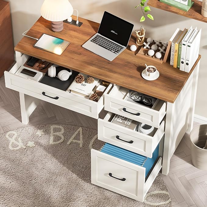 Vabches Farmhouse 47" Executive Desk, Computer Desk with File Drawer and Charging Station, Workstation for Home Office & Study.Unique White