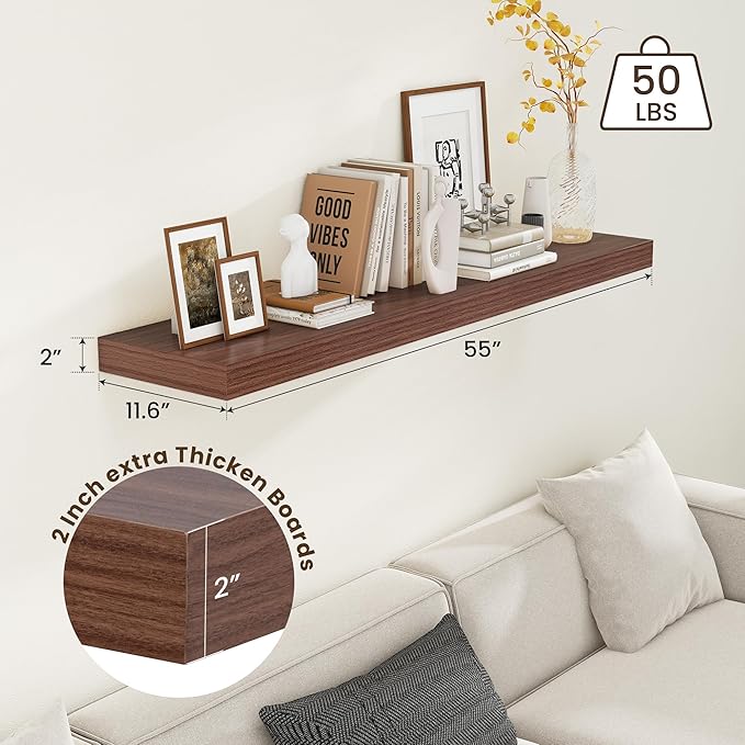 12 Inch Deep Floating Shelves | 55 Inch Walnut Floating Shelves | 55" W x 12" D Rustic Wood Shelves for Wall | Deep Walnut Shelves for Living Room Bathroom Laundry Room Kitchen