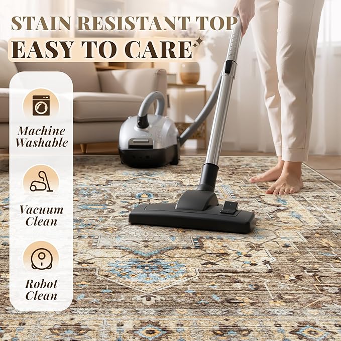 Area Rug 5x7 Vintage Rug: Washable Indoor Medallion Rugs Low Pile Distressed Floor Carpet Retro Accent Rug for Living Room Bedroom Kitchen Dining Table Home Office(Brown/Blue, 5'x7')