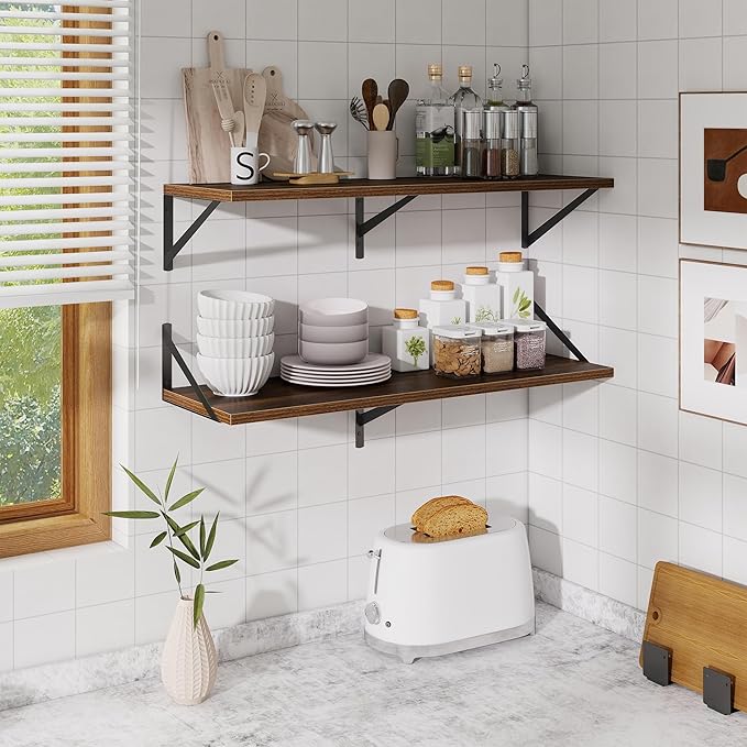 Walnut Deep Floating Shelves for Wall,36" Wx10 D Wood Wall Shelves with Metal Brackets,Hanging Storage Floating Shelf for Living Room,Bedroom,Bathroom,Office,Kitchen