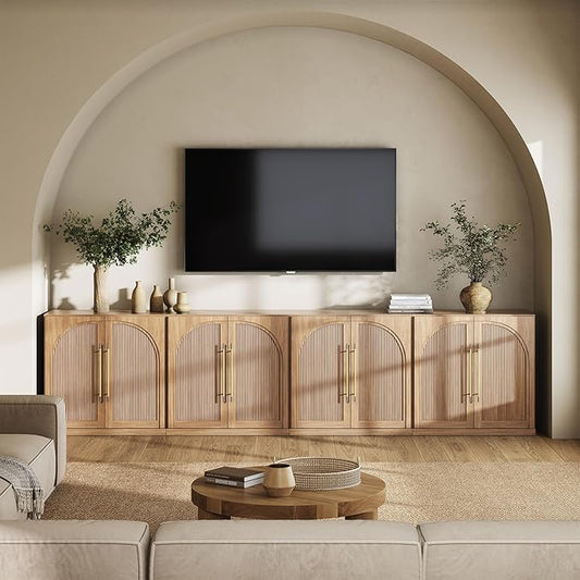 BELLEZE Set of 4 Modular Sideboard with Double-Arc Wood Doors, 130'' Arched Buffet Cabinet with Storage and Adjustable Shelves, Classic Modern Credenza for Dining Room Living Room Entryway(Camel)