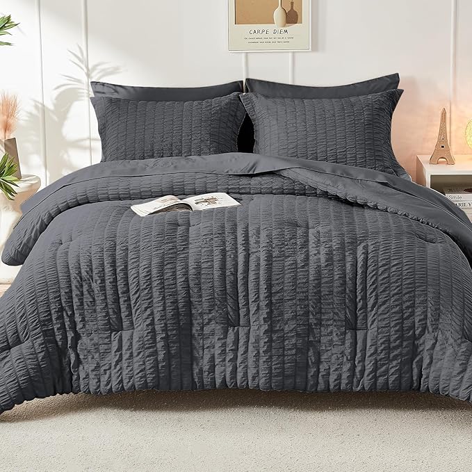 HYMOKEGE California King Comforter Set Seersucker 7 Pieces, All Season Luxury Bed in a Bag for Bedroom, Bedding Set with Comforters, Sheets, Pillowcases & Shams, Dark Grey