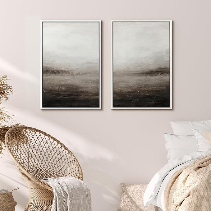 MUDECOR Framed Canvas Print Wall Art Neutral Abstract Modern Minimalist Landscape in Beige and Gray Illustrations Modern Art Decorative Bohemian for Living Room, Bedroom, Office - 16"x24"x2 White