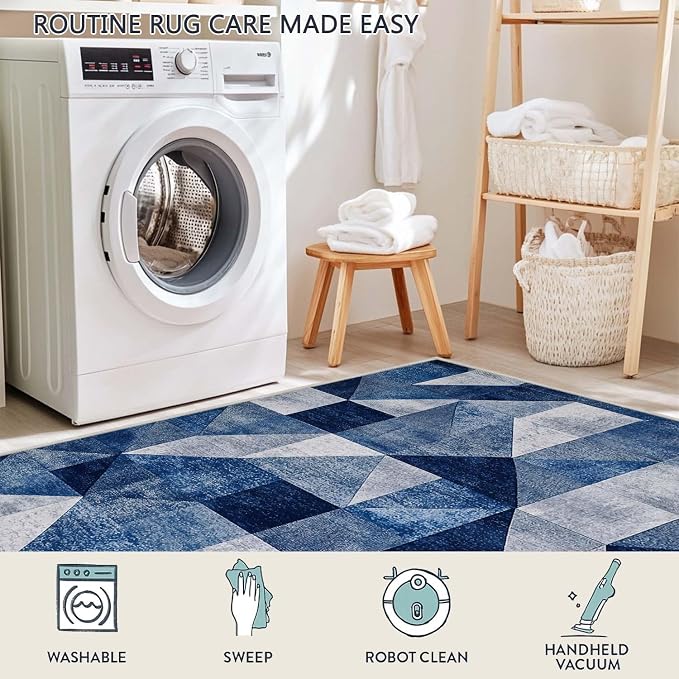 8x10 Navy Blue Area Rug Modern Geometric Blue White Beige Bedroom Rug Soft Low Pile Thin Large Carpet Living Room Non Slip Dining Room Stain Resistant Office Washable Machine
