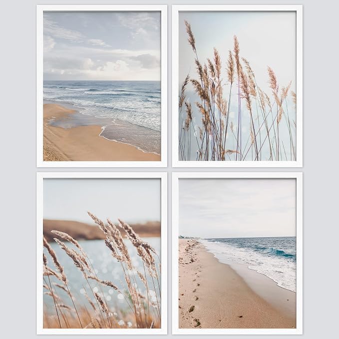 SIGNWIN Framed White Beach Grass Cloudy Ocean Sea Wave Horizon Wall Art, Set of 4 Landscape Colorful Wall Decor Prints, Nature Wilderness Wall Décor for Living Room, Bedroom - 8"x10" White