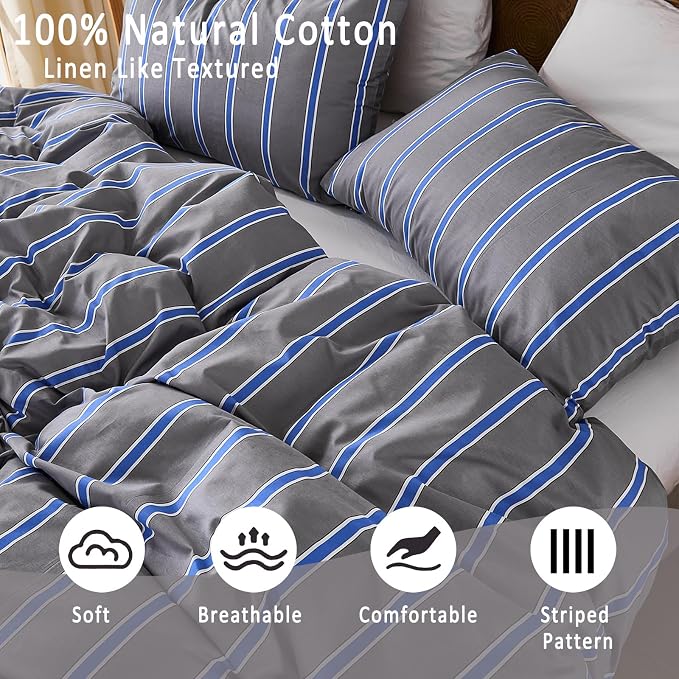 Merryword Blue and Gray Striped Duvet Cover Set Queen Size 100% Cotton Bedding Set with Modern Coastal Style Soft Breathable Linen Like Bedding Set 3 Pieces