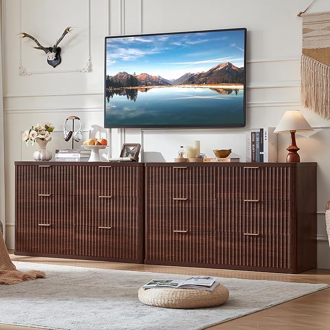 LEYAOYAO Fluted 6 Drawers Dresser Set of 2, 48" Wide Modern Chest of Drawers with Metal Handle, Walnut Curved Profile Dresser TV Stand, Wooden Drawer Organizer for Bedroom, Living Room, Hallway