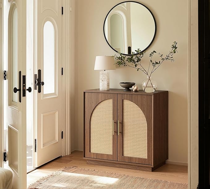 FORTUNETEC Sideboard Buffet Cabinet with Storage Set of 2, Modern Accent Cabinet with Rattan Arched Doors, Modular Media Console, Boho Credenza for Living Room Kitchen Dining Room Entryway, Walnut