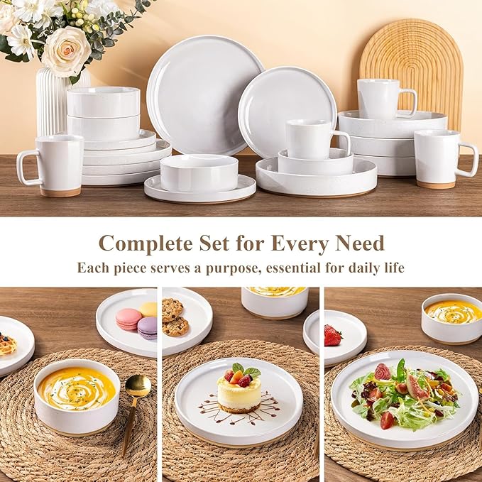 AmorArc Ceramic Dinnerware Set for 8 | Speckled Stoneware Plates and Bowls with Rustic Terracotta Underside| Scratch Resistant,Dishwasher & Microwave Safe Dishes Sets- 24pcs White