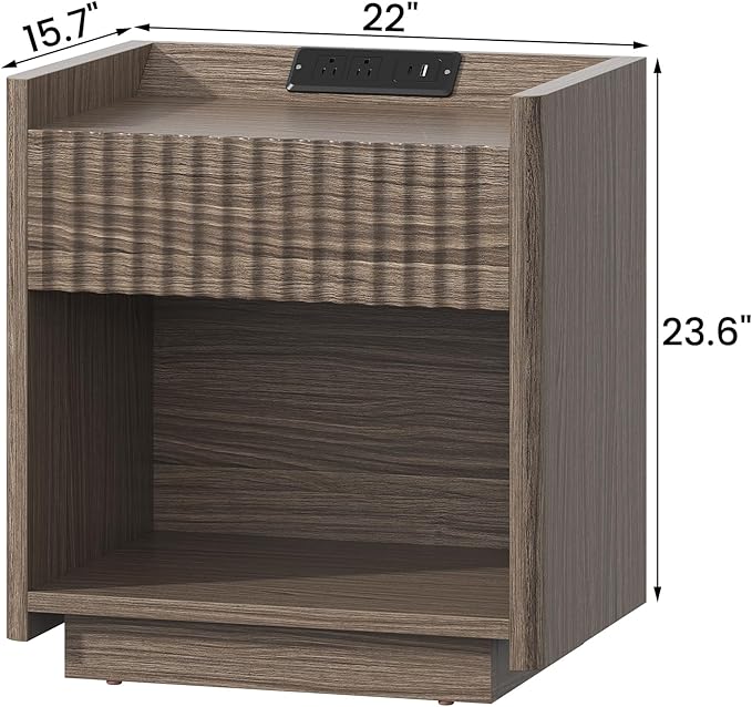 Bigbiglife Fluted Nightstand with Charging Station, 22" Modern Side Table with Drawer End Table with Open Storage, Bedside Table for Bedroom, Living Room, Natural Oak (1, Dark Walnut)