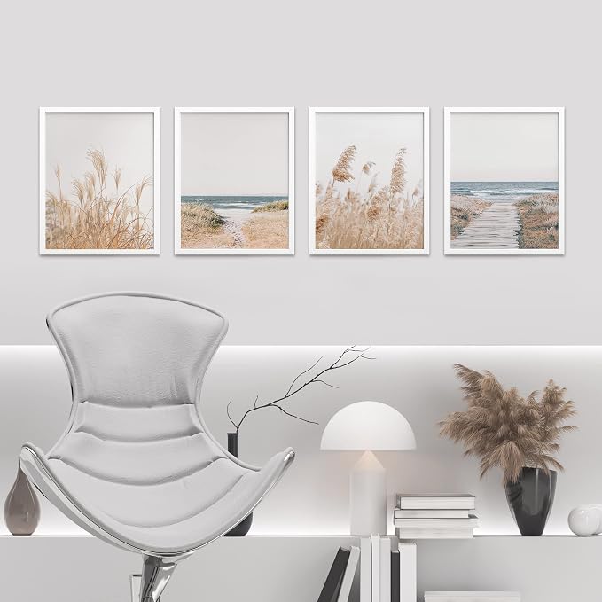 SIGNWIN Framed White Pampas Grass Beach Ocean Shore Horizon Wall Art, Set of 4 Landscape Colorful Wall Decor Prints, Nature Wilderness Wall Décor for Living Room, Bedroom - 11"x14" White