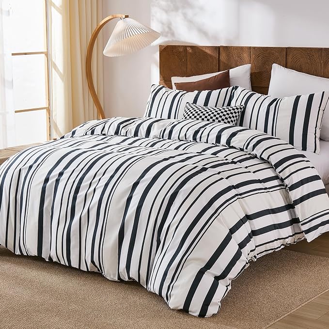 Merryword Black and White Striped Duvet Cover Set Queen Size - 100% Cotton Duvet Cover Set with Vertical Stripe Design, Soft Breathable Comforter Cover for All Seasons