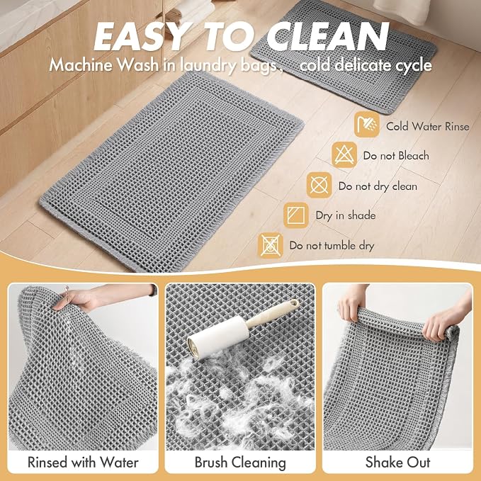 MIULEE Set of 2 Waffle Bathroom Rugs, Boho Bath Rug Super Absorbent, Non Slip Washable Ultra Soft Rubber Backed Shower Bath Mats for Floor, Tub, Shower, Looped Design, Light Grey, 17"x24"+18"x30"
