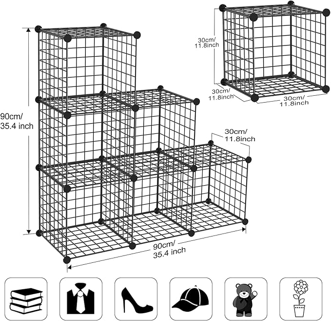 Wire Cube Storage Organizer, Metal Storage Shelves Bookshelf, Stackable Modular Closet Organizer for Bedroom Living Room, Office, Storage Shelves (6 Cubes, Iron)
