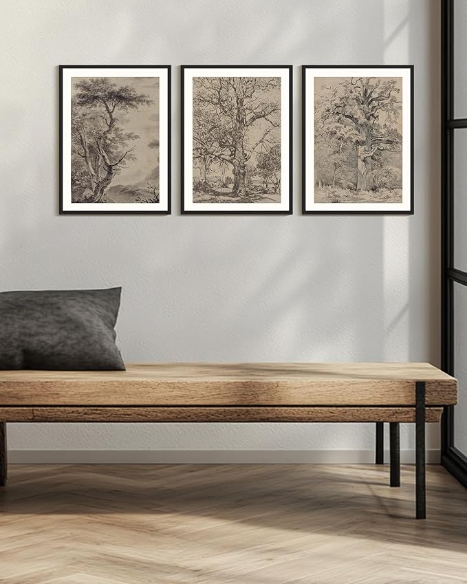 KUVIOKE Vintage Tree Framed Wall Art Retro Antique Forest Drawings Nature Wilderness Sketch Wall Painting Modern Decor 12x16in (Black Framed)