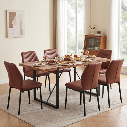 Dining Chairs Set of 6, Brown PU Leather Dining Chairs, Comfortable Upholstered Armless Kitchen Chairs with Black Metal Legs for Living Room, Dining Room, Kitchen