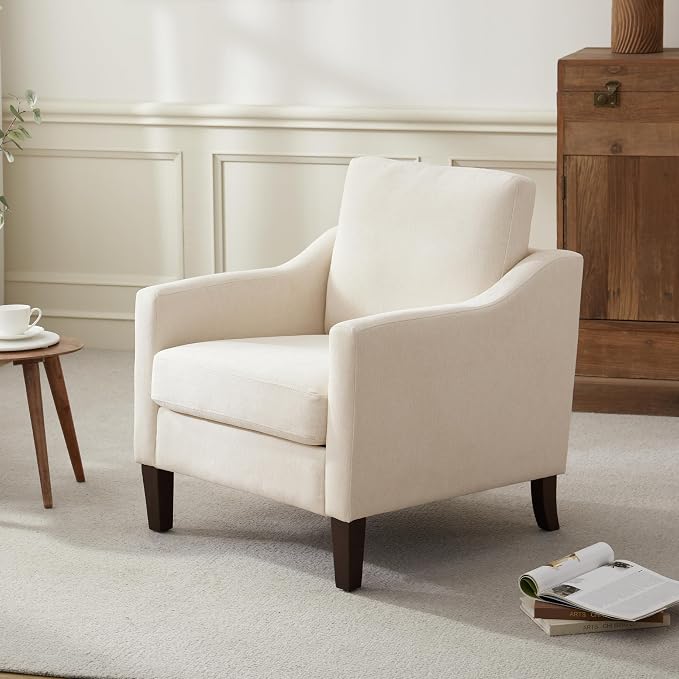 VKNOW Mid Century Modern Accent Chair, Upholstered Living Room Chairs Armchair for Bedroom, Comfy Reading Accent Chairs with Wood Legs for Living Room (1, Beige)