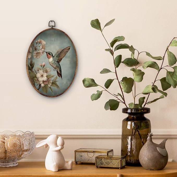 DILSJ Hummingbird Floral Oval Wall Art Decor, Bird Lover Gifts Canvas Wall Art Framed, Vintage Retro Botanical Flower Bird Hanging Decorations for Home Bedroom Living Room Decor, 11x8.5 Inch