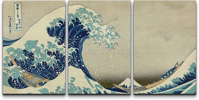 wall26 Canvas Print Wall Art Set The Great Wave Off Kanagawa by Hokusai Cultural Historic Oil Painting Fine Art Reproduction Scenic Colorful for Living Room, Bedroom, Office - 16"x24" x 3 Panels