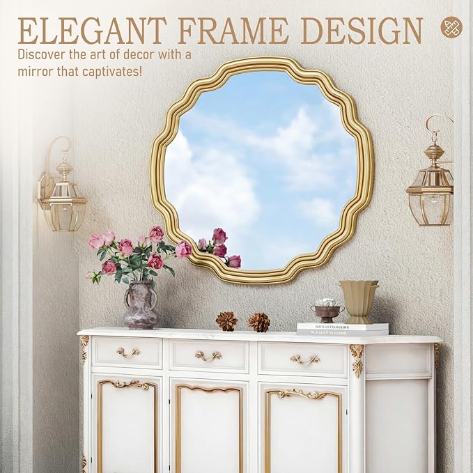 Decorative Gold Round Wave Mirror 26" Scalloped Edge Circle Mirror Wall Decor for Bathroom Entryway Fireplace Living Room Bedroom Hallway with Shatterproof Glass