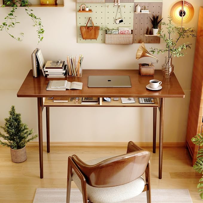 Solid Wooden Desk with Open Storage Cubby - 47.2” Mid Century Modern Desk, Writing Desks for Small Spaces, Rubber Wood Study Table, Home Office Computer Desks for Bedroom & Home, Walnut Color