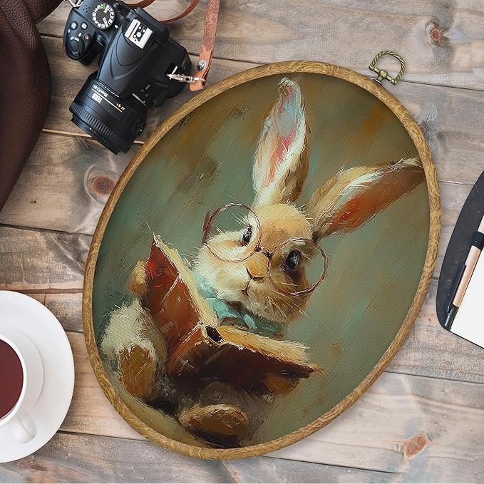 CGBHW Funny Easter Bunny Oval Wall Art Decor, Rustic Bunny Bookish Canvas Prints Framed, Country Farmhouse Rabbit Wall Art Hanging Decor for Reading Room Library Home Kitchen Bedroom, 8.6x11.4 Inch