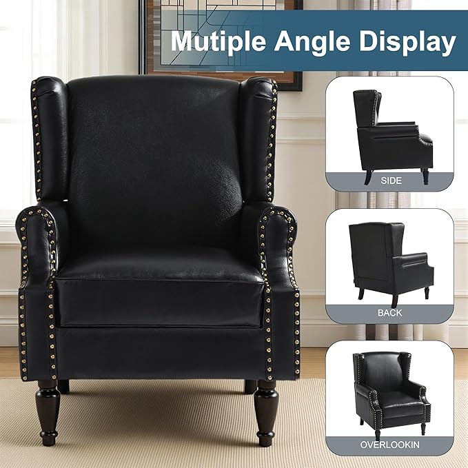 Faux Leather Wingback Chair, High Back Accent Chair, Comfy Upholstered Armchair with Nailhead Trim for Living Room, Single Sofa Reading Chair for Small Spaces, Bedroom-P Black