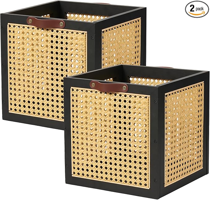2PCS Rattan Storage Cubes Wooden Storage Baskets Boxes Decorative Natural Handmade Bohemian Solid Wood Woven Wicker Cane Bin Closet Shelf Clothes Organizer Books Magazine Holder (Black)