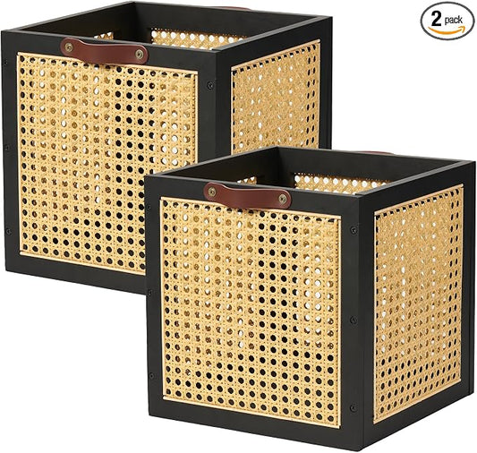2PCS Rattan Storage Cubes Wooden Storage Baskets Boxes Decorative Natural Handmade Bohemian Solid Wood Woven Wicker Cane Bin Closet Shelf Clothes Organizer Books Magazine Holder (Black)