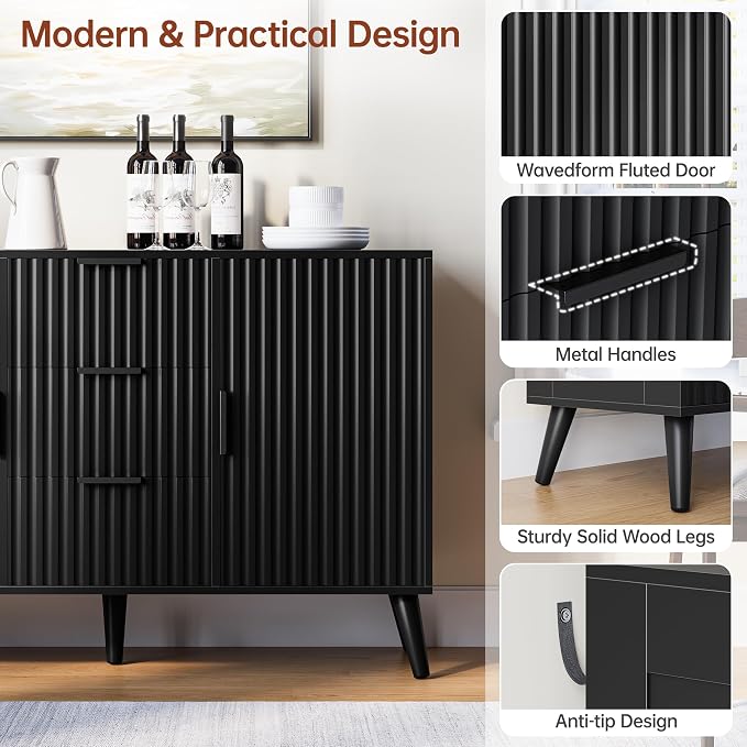47.2" Fluted Sideboard Buffet Cabinet with 3 Drawers, Black Modern Buffet Cabinet with Storage, Large Storage Cabinets with 2 Doors Accent Credenza for Kitchen, Living Room, Entryway