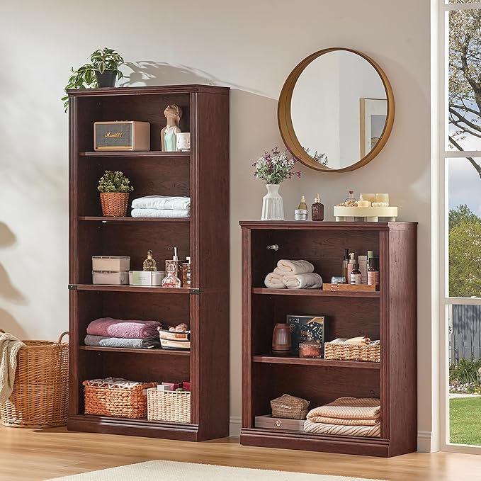 RWYHG 70" Walnut Tall Bookshelf Set of 2,5-Tier Thick Wooden Book Shelf with Adjustable Shelves,Free Standing Farmhouse Bookcase with Open Display Storage,Floor Vintage Bookshelves for Living Room