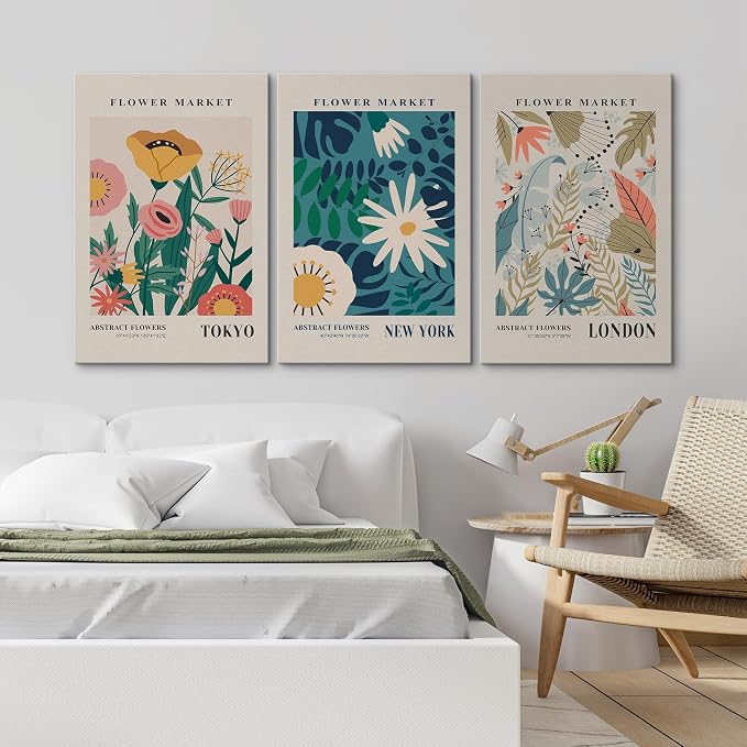 wall26 Canvas Print Wall Art Set Colorful Flower Market Exhibition Prints Nature Wilderness Illustrations Modern Art Decorative Floral Botanical Minimal Calm/Relax/Cozy for Bedroom - 16"x24" x 3