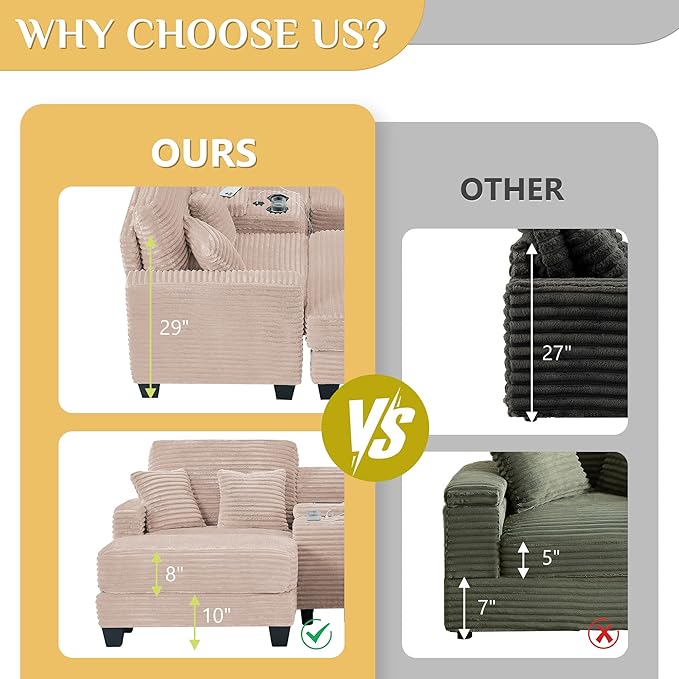 Oversized Chaise Lounge Chair Indoor with Storage & USB, Cup Holder & Ottoman, Firm Solid Wood Frame with Long Service Life Corduroy Oversized Lounge Reading Chair for Large Study Room - Pink