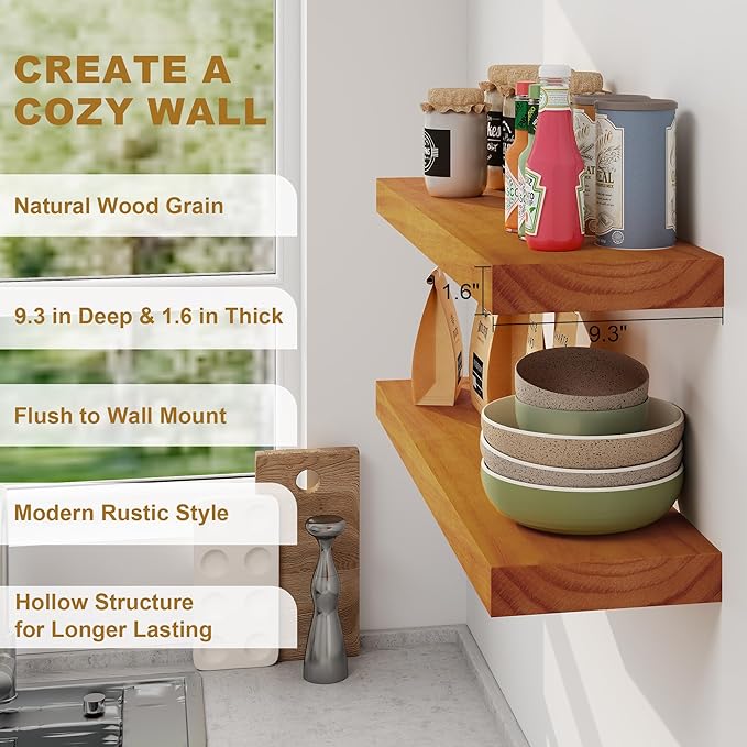 Fun Memories Floating Shelves, 9.3 Inch Deep Solid Pine Wood Wall Shelves for Storage, Rustic Wall Mounted Display Shelf with Invisible Heavy-Duty Metal Bracket, 55 Inch Width, Honey Oak