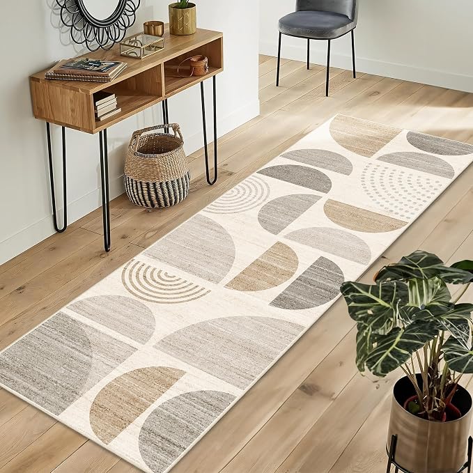MUJOO Boho Runner Rug Washable,2x6 Area Rugs for Hallways Kitchen Bathroom Bedroom Entryway,Non Slip Carpet Long Mat Indoor,Soft Modern Abstract Bohemian Neutral Beige