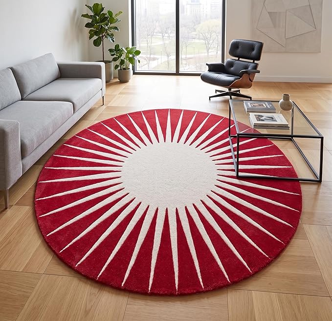 Restoration and Renovation Modern Round Area Rug – Hand-Tufted with 100% NZ Wool, Thick & Soft Circular Carpet for Living Room, Bedroom & Dining Room Decor (Red, 7' Round)