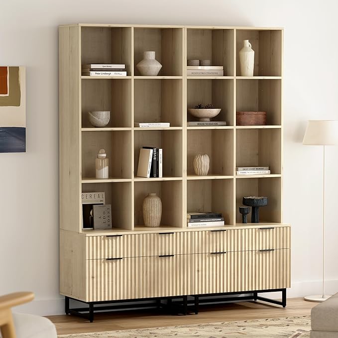 Tall Fluted Bookshelves with Drawers Set of 2, 71" Tall Bookcases 4 Tier Display Cabinet with Storage Floor Standing, Versatile Modern Large Book Shelf for Home Office Living Room (Light Oak)