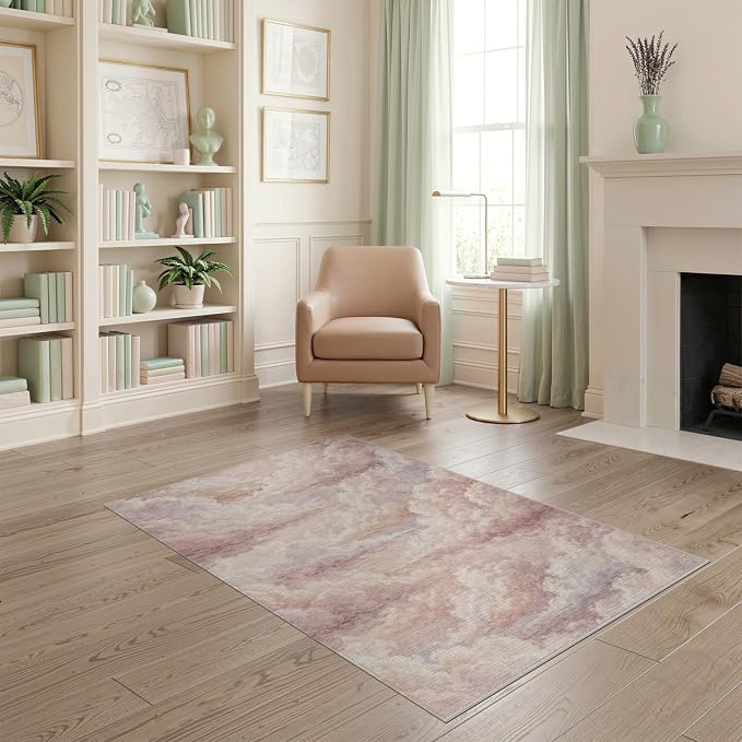 4'x6' Washable Abstract Abstract Accent Rug, Blush Pink Non-Shedding Small Carpet Pet Friendly & Kids Safe Play Mat for Playroom, Bedroom, Reading Nook | Ref:2208254