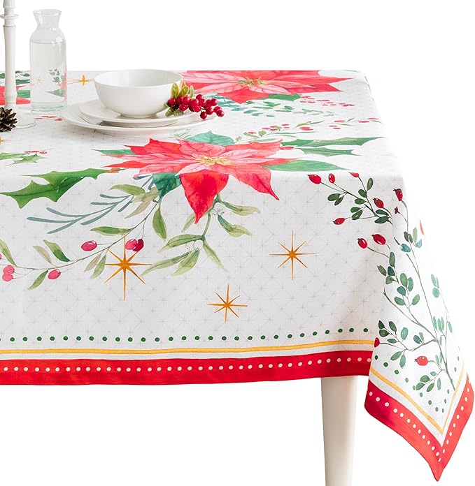Maison d' Hermine Table Cloth Rectangle Table 100% Cotton 70 x 140 Inches Fall Tablecloth Reusable Everyday Use for Thanksgiving Christmas Decorations Dining Farmhouse Party (Poinsettia Christmas)