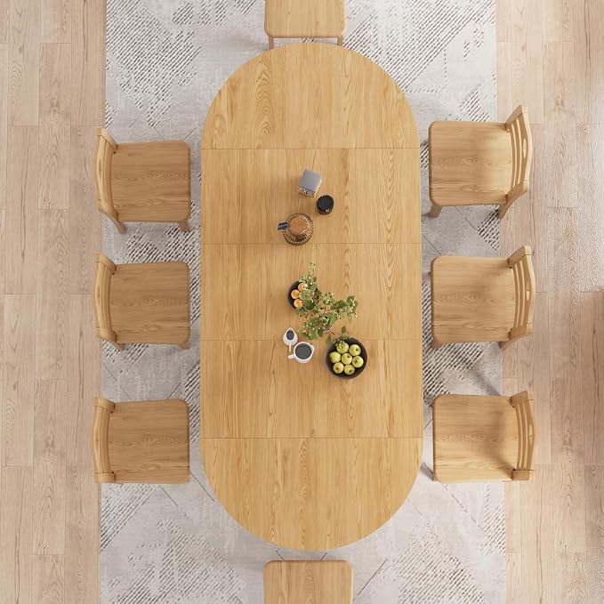 43-95 inch Long Round Extendable Dining Table for 4-10, Space Saving Oval Large Dinner Kitchen Table with 3 Leaf, 2 Storage, Fluted Mid Century Modern Dining Room Table for Living Room, Natural