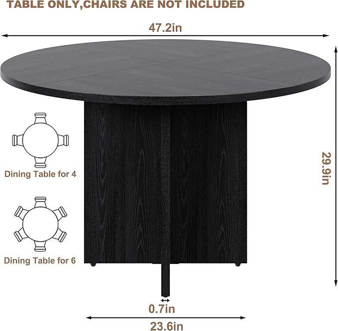 47 Inch Round Dining Table for 4-6 People, Rustic Circle Kitchen Table with X-Shaped Stable Pedestal, Dinner Table for Dining Room Kitchen Living Room, Black