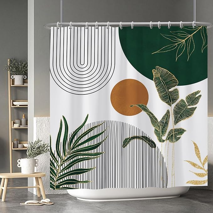 Baocicoo Boho Mid Century Shower Curtain Abstract Sun Green Banana Leaves Curve Aesthetic Shower Curtain for Bathroom Cubicle Living Room Waterproof Curtain for Bathroom with Hooks 72x72 Inches