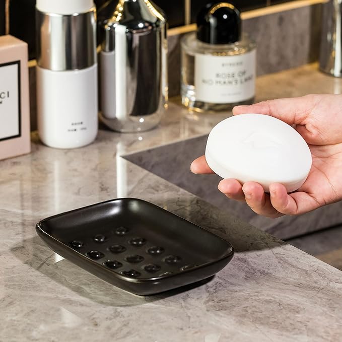 Soap Dish, Ceramic Soap Holder Shower Soap Dish for Bar Soap Sponge, Soap Saver Tray for Bathroom Kitchen Sink, Black (Pack of 2)
