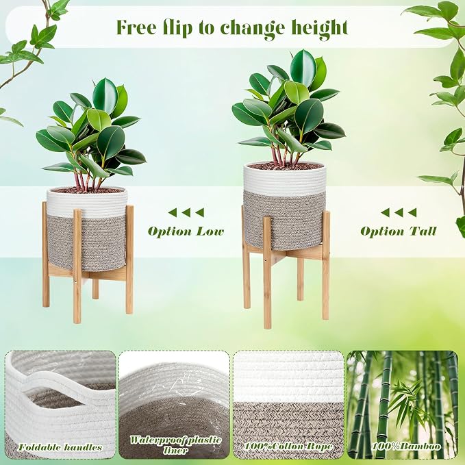 Plant Basket with Stand Indoor Planter Pot Holder Sturdy Jute Rope Modern Woven Basket, Cotton Rope Woven Pot with Bamboo Stand(White and Brown,10 Inch)