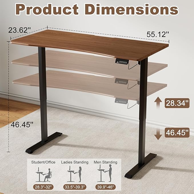 Solid Wood Electric Standing Desk 55"x23.6"Home Office Desk,Adjustable Workbench with 3 Stages Single Motor, Computer Workstation with T-Shaped Metal Bracket,Walnut Standing Table for Gaming(1 Box)