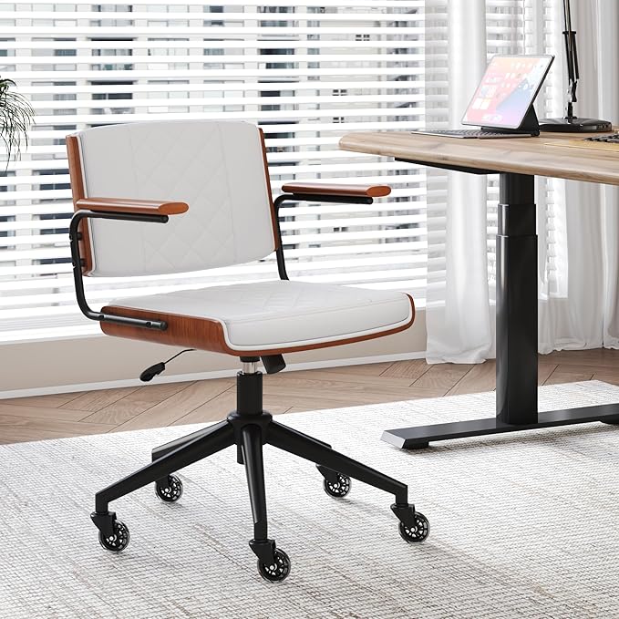 Ergonomic Office Chair with Rubber Wheels & Walnut Arms - PU Leather Mid-Back Desk Chair, Adjustable Height, Bentwood Backrest | Swivel Rocking Design for Home Office, Meeting Room, Study