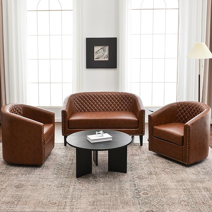 KINWELL 29" Wide Tufted Faux Leather Accent Chairs Set of 2, Small Swivel Barrel Chairs, Modern Round PU Leather Upholstered Armchairs with Nailhead Trim for Living Room Apartment, Brown