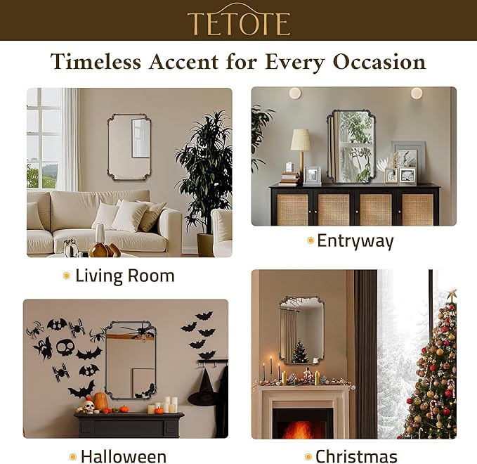 TETOTE Antique Black Rectangle Mirror for Mantle Fireplace 24 x 36 Baroque Vintage Ornate Scroll Wall Mirror with Metal Frame for Traditional Victorian French Decor, Horizontal/Vertical