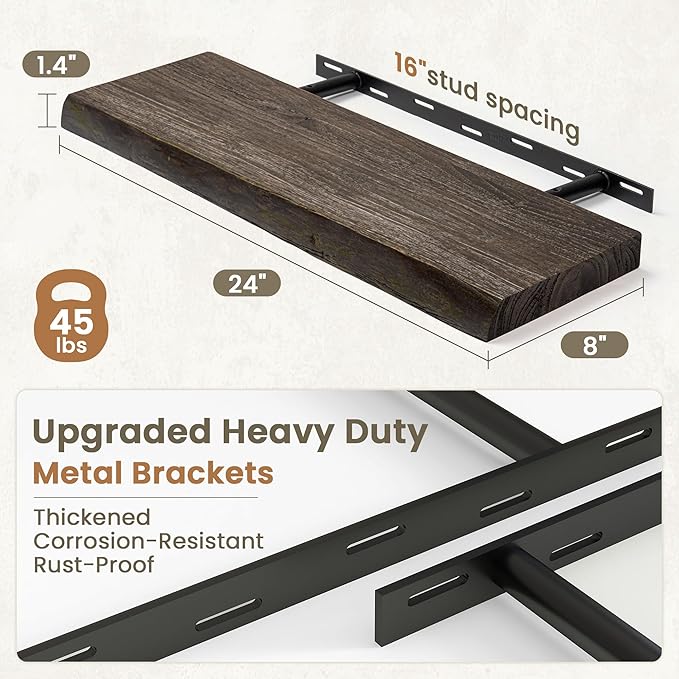 Fun Memories Floating Shelves for Wall Decor Set of 2-24 Inch Solid Elm Wood Live Edge - Rustic Walnut Wall Shelves with Invisible Brackets - for Living Room, Bedroom, Kitchen - Walnut Finish