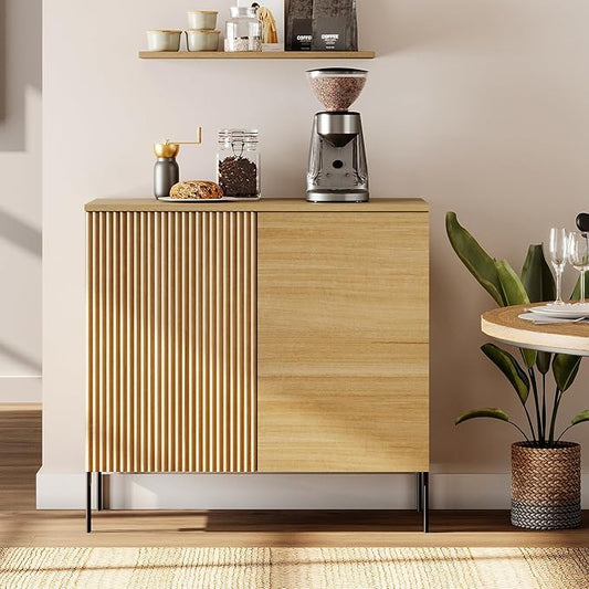 WAMPAT 31.5" Sideboard Buffet Cabinet with 2 Doors and Adjustable Shelves, Fluted Storage Cabinet, Modern Credenza Coffee Bar Wine Bar Table for Kitchen, Dining Room, Living Room,Oak